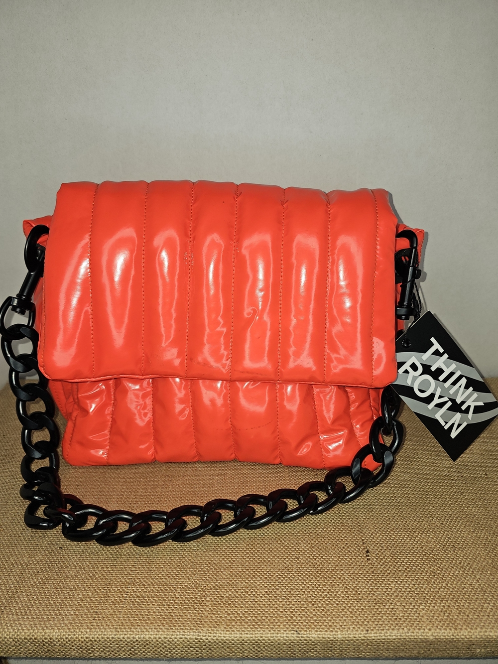 THINK ROYLN Quilted Puffer Shoulder Bag - Neon Orange with Black Chain